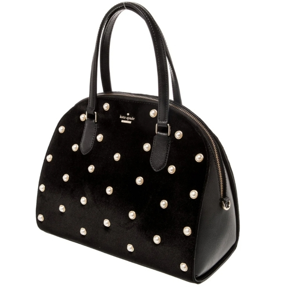 The Kate Spade Black Velvet Pearl Adorned Top Handle Crossbody bag NWOT